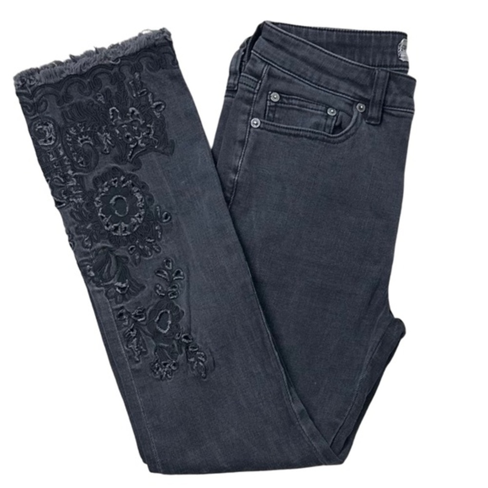 Free People Cutwork Cigar Raw Hem Laser Cut Eyelet Black Crop Jeans Sz W26